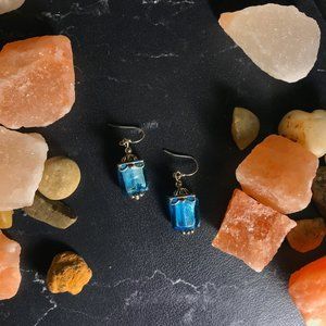 -Aqua Blue and Silver Reflective Dangling Earrings